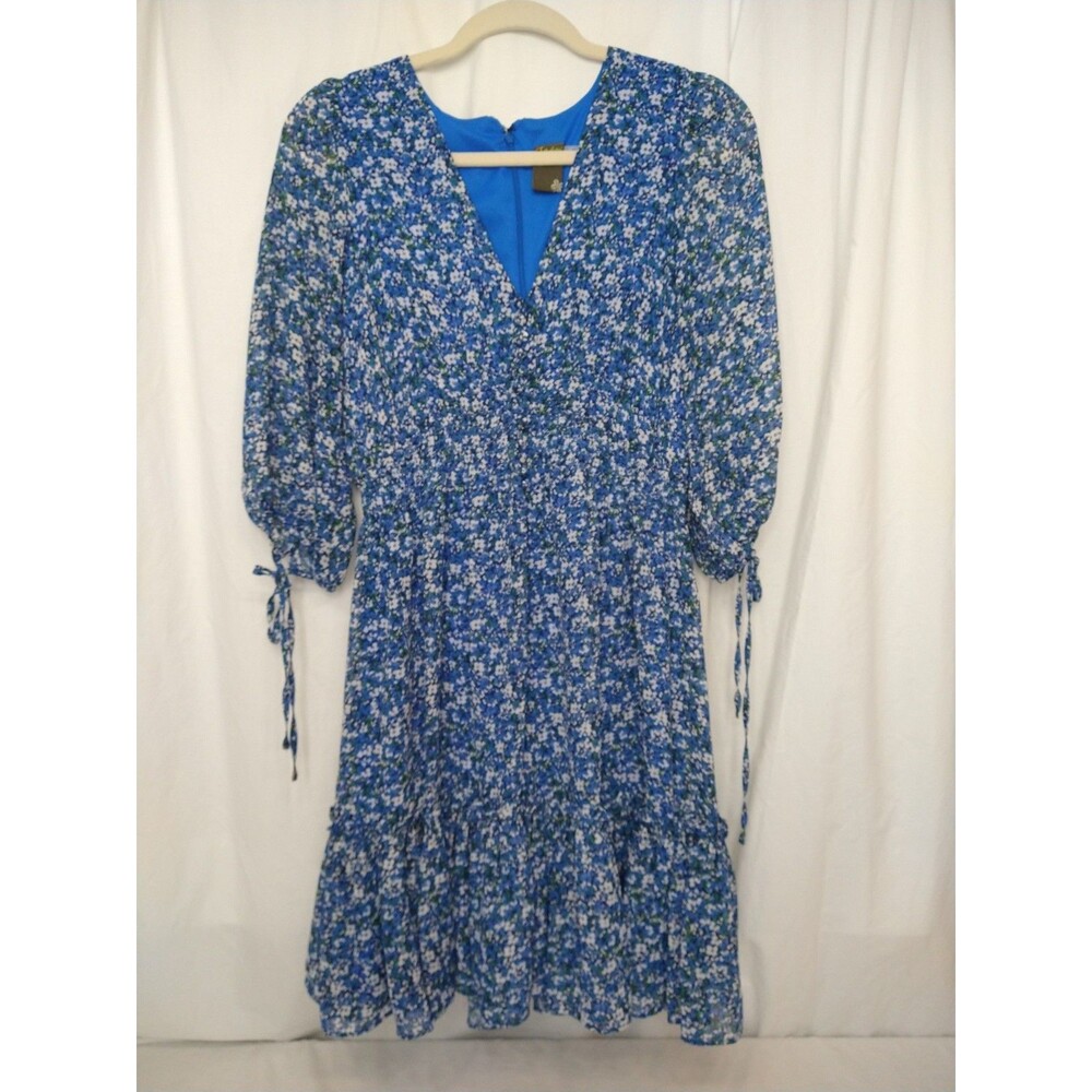 Taylor Size 8 Midi Dress Ditzy Floral Blue lined covered buttons 3/4 sleeve